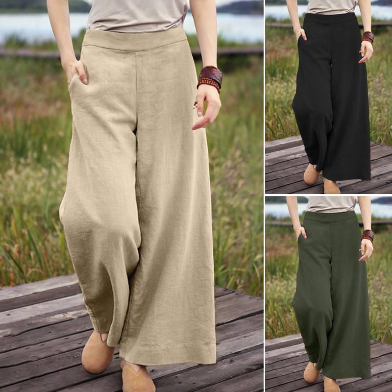 ZANZEA Women Solid Color Elastic Waist Casual Wide Leg Long Pants