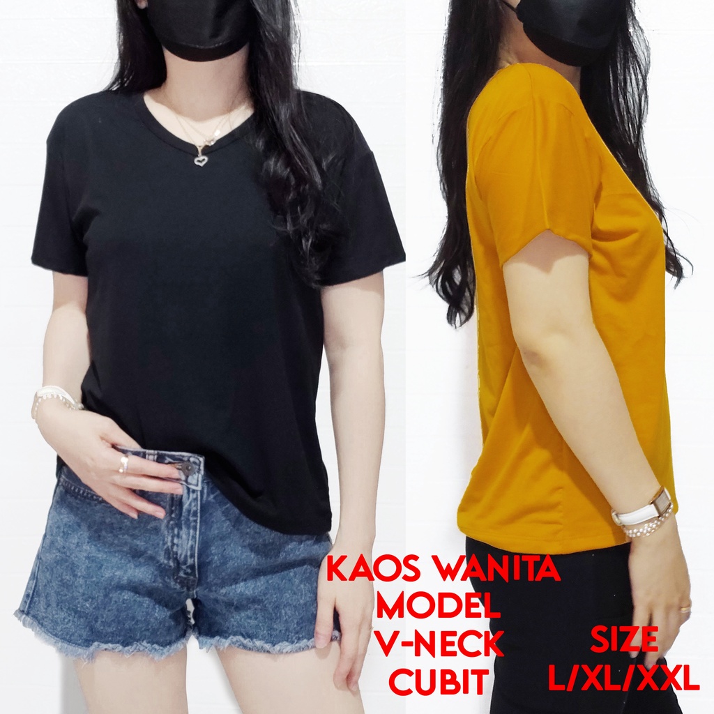 MyBlouse.store-COD-Kaos Wanita V-neck lengan pendek / Kaos Wanita V cubit / Kaos Wanita Murah / Baju Atasan Wanita Spandeks