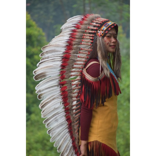 TOPI INDIAN - INDIAN HEADDRESS LONG KALKUN MONTE WHITE BLUR-AS STOCKED