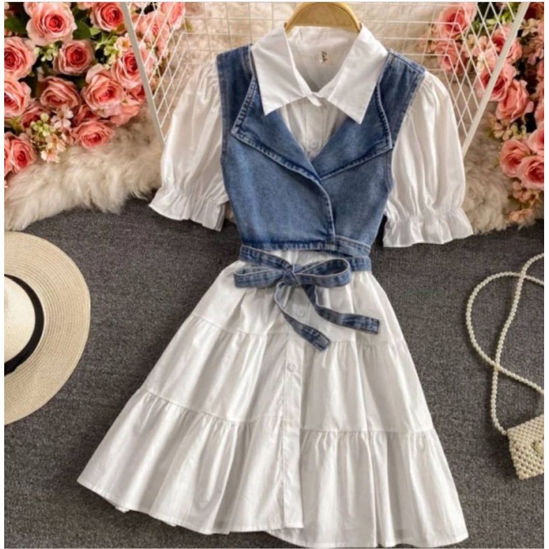 renata set 2in1 termurah/setelan tunik putih dan rompi jeans/tunik set rompi wanita
