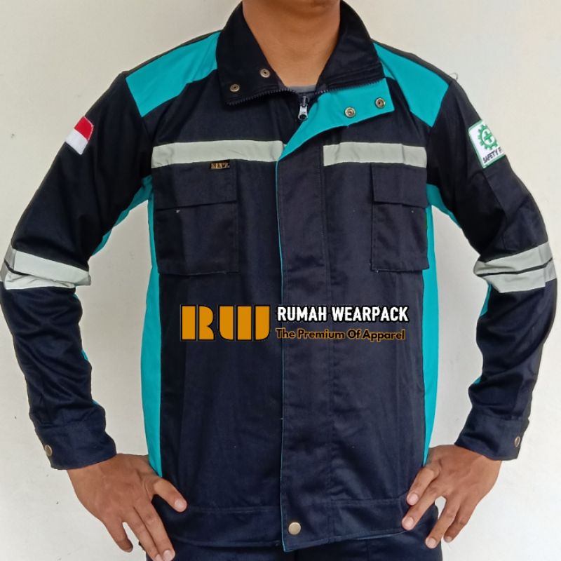 Semi Jacket Safety/ Wearpack Safety Jaket Safety Atasan Lengan Panjang Navy Kombinasi Biru Tosca