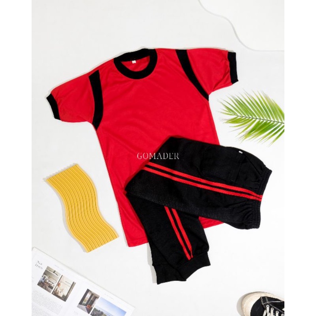 Setelan Seragam Olahraga Anak Sekolah SD/MI HITAM MERAH PENDEK