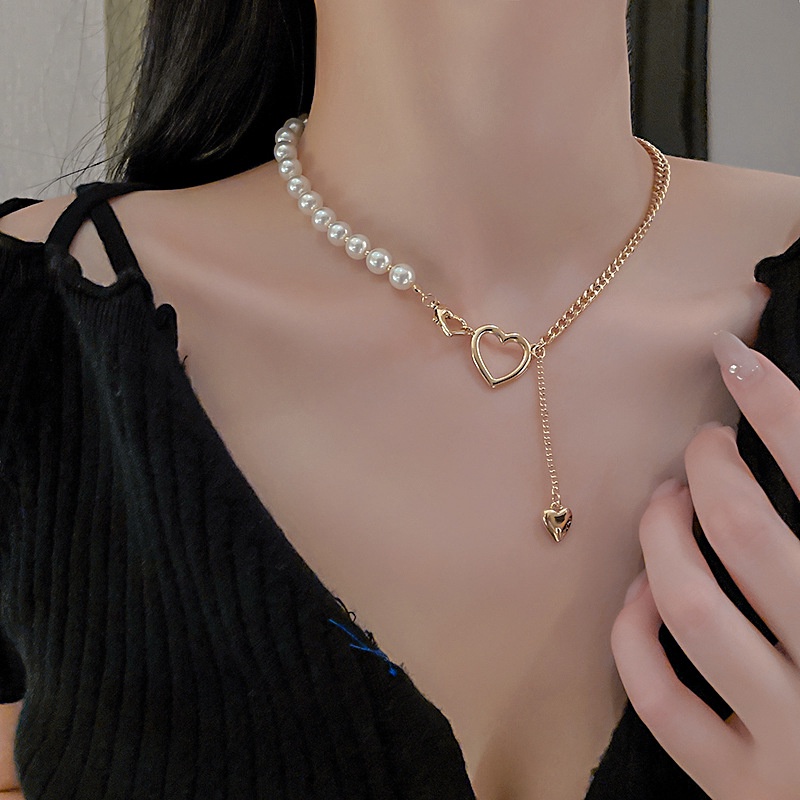 YEEZII Kalung Rantai Choker Liontin Mutiara Hati Warna Emas Untuk Wanita