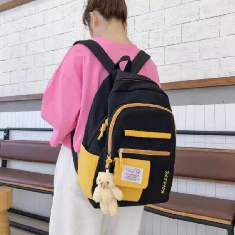 BACKPACK KOREA MULTIFUNGSI LEISURE TAS SEKOLAH WANITA KANVAS BACK TO SCHOOL WANITA CEWEK TERLARIS-Hitam