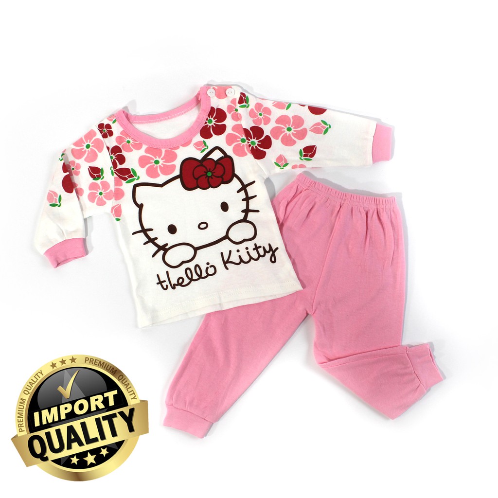 Baju Tidur Anak Perempuan Premium Set Bahan katun Piyama Anak cewe Gambar hellokity Baju tidur Katun