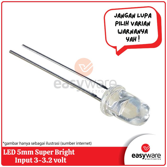 LED 5mm Super Bright Clear Putih Merah Biru Kuning Hijau Ungu