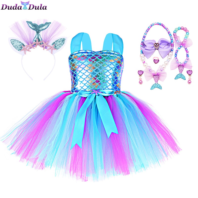 PREORDER Girls Mermaid Dress Sleeveless  Dress Hair Hoop Set Children Halloween Cosplay Party Dress 