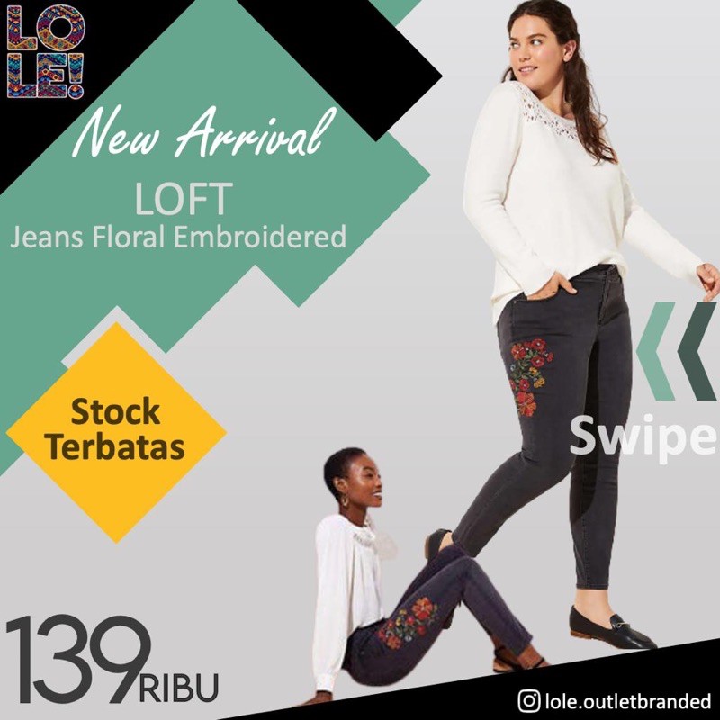 Loft Jeans Floral Embroidered Celana Jeans Skinny Wanita Bordir Bunga Murah