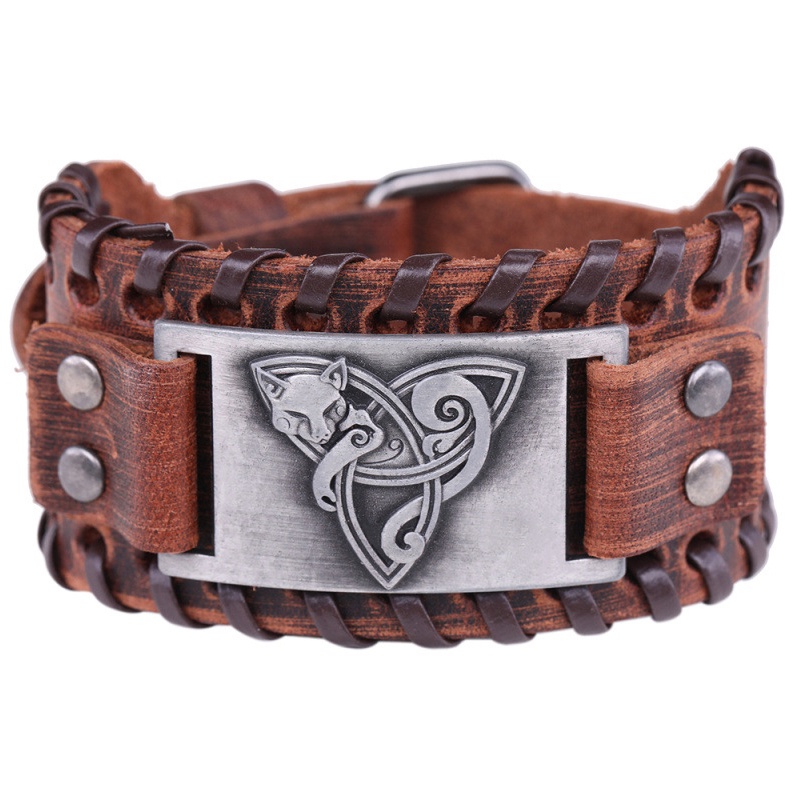[Z H Perhiasan] Hip Hop Rock Retro Pria Fashion Stainless Steel Viking Fox Rune Gelang Kulit Pesta Perhiasan Aksesoris