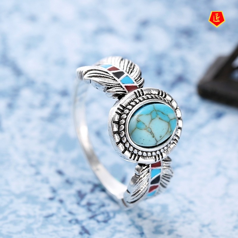 [Ready Stock]Luxury Inlaid Turquoise Feather Silver Ring