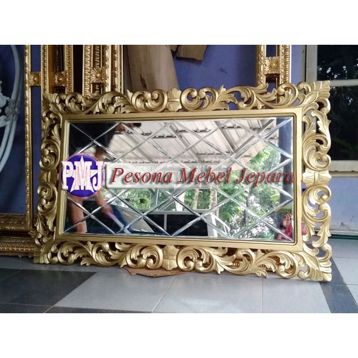 Bingkai atau Frame atau Pigura Cermin Ukir Gold Waru Kaca Bevel 150x90 cm