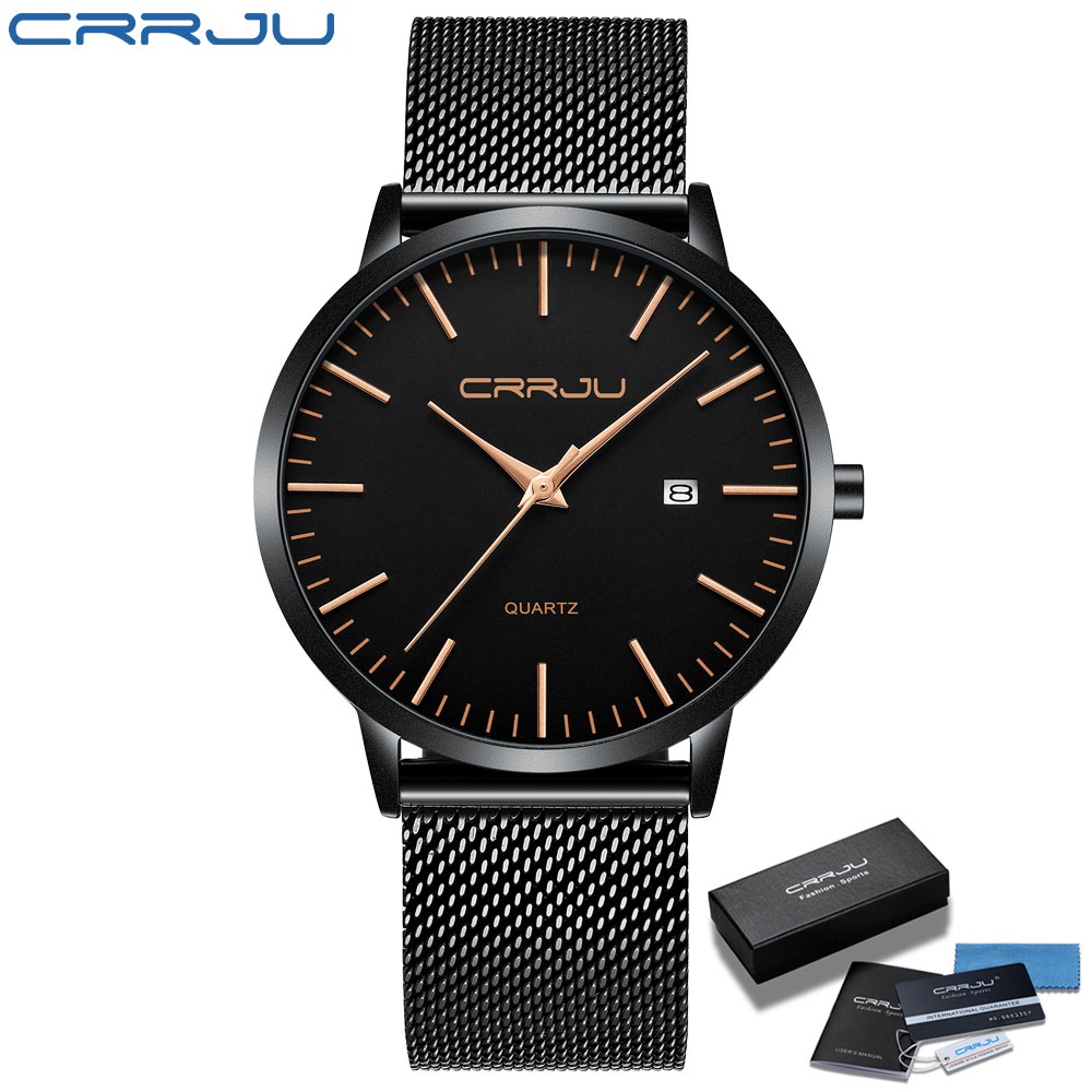 Jam Tangan Pria Asli CRRJU Kasual Stainless Steel Elegan Stainless Steel Mesh Strap Hitam Olahraga Premium Tahan Air Band Jam Kalender + Free Box