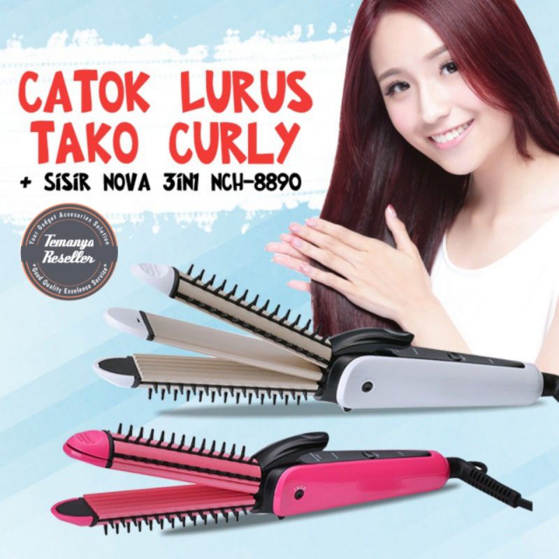 Catok Rambut 3 in 1 Staight Curly Taco Lurus Gelombang dan Keriting Catokan Rambut NHC 8890 Dengan Sisir