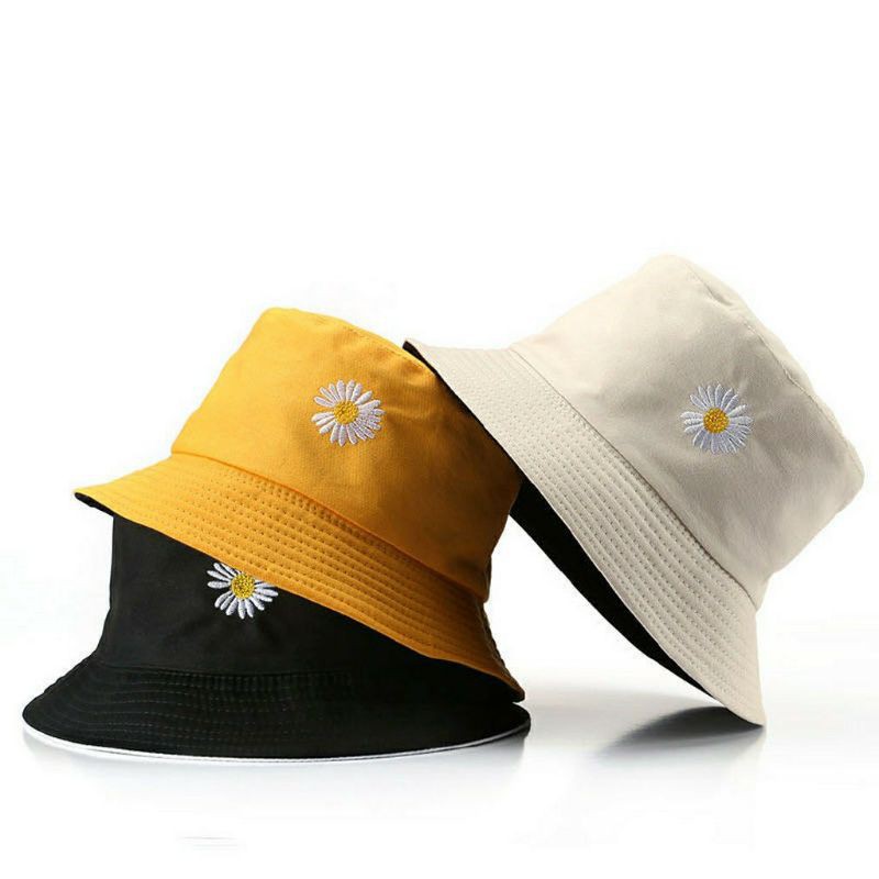 Topi Bucket Wanita Dewasa Motif Bordir Bunga Daisy / Bucket Wanita Dua Sisi Dewasa bucket bunga matahari