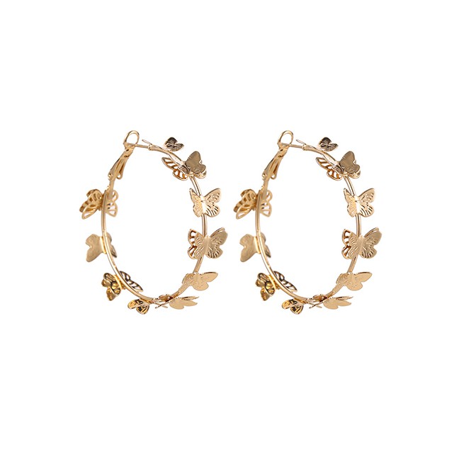 LRC Anting Tusuk Fashion Golden C-shaped Circle Alloy Spring Flower Concave-convex Earring