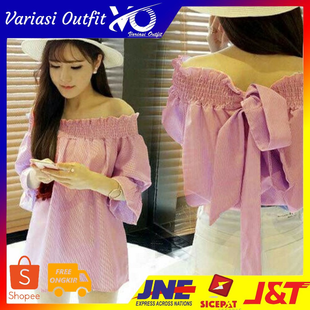 [lina stripe sabrina red RO] blouse wanita katun merah