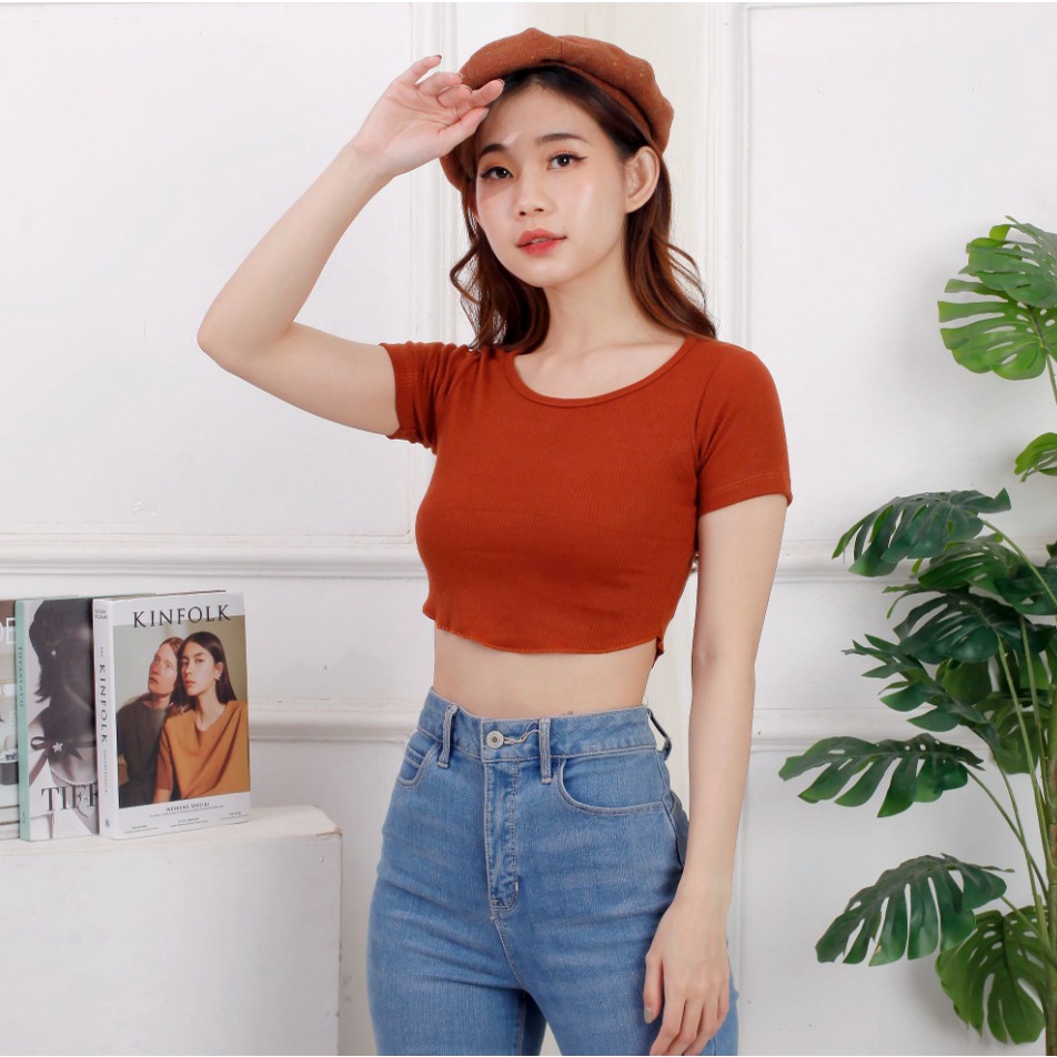 CAVALU Korean Crop Top Knit Crop Tee Unfinished Kaos Wanita Basic Tee 098