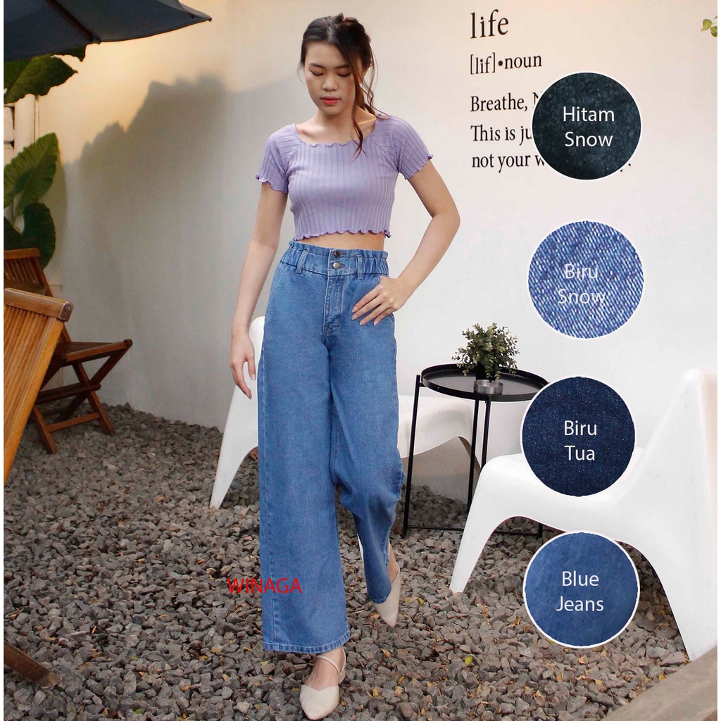 WINAGA- HighWaist Kulot Ban Karet Kancing 2 Jeans | Kulot Ban 2 Karet Jeans | Celana Panjang Kulot | Basic Denim | Denim Jeans