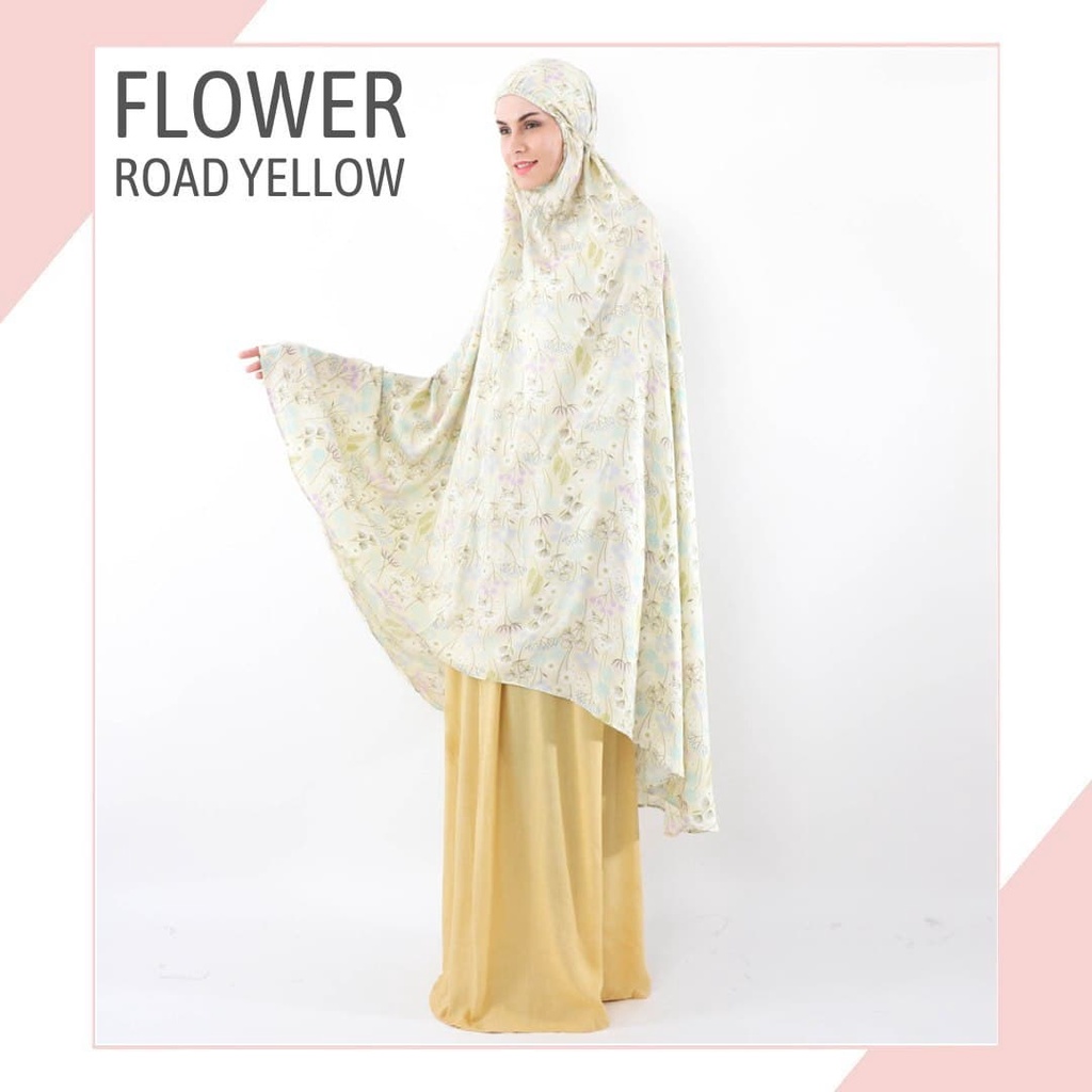 Mukena Tazbiya FLOWER ROAD YELLOW Katun Rayon Motif Premium Tercantik Termurah