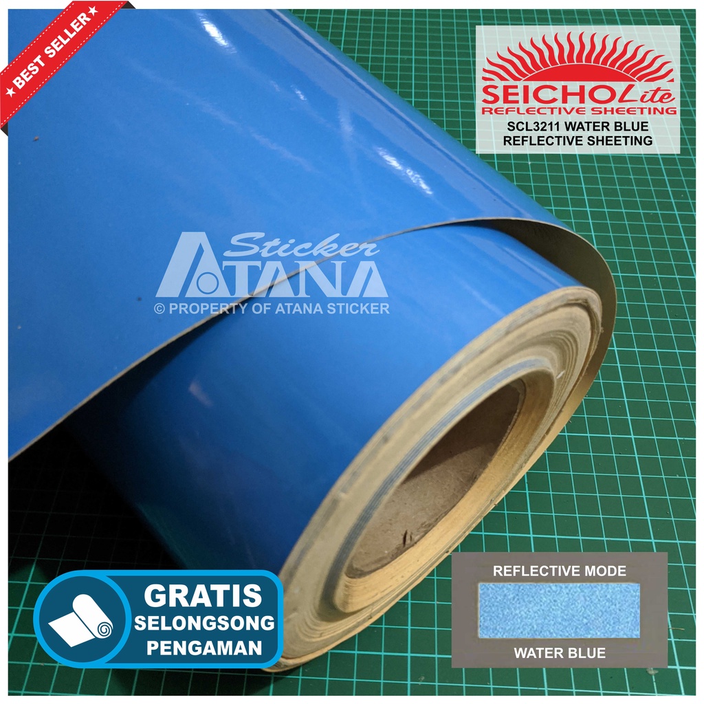 Bahan Stiker Cutting Biru Skotlet Reflektif Fosfor Blue Seicholite Reflective Sheeting Nyala Printing Sticker Material Scotchlite Scolite Scotlet Sechotlite Memantulkan Cahaya Flash Malam Hari Mata Kucing Mesin Plotter