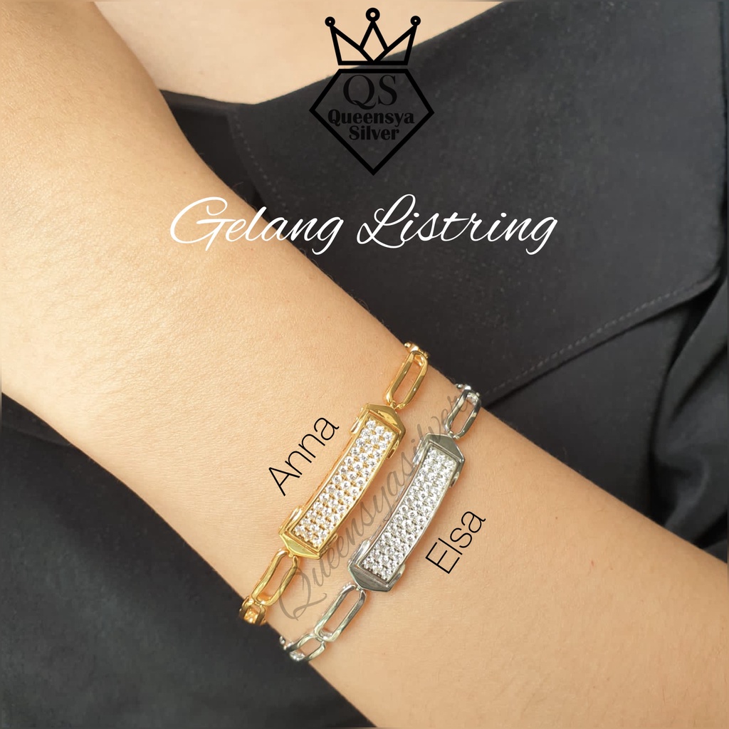 Gelang Perak Asli Silver 925 || Lapis Emas Putih Kuning 18K || Model Listring 3 Baris Full Permata