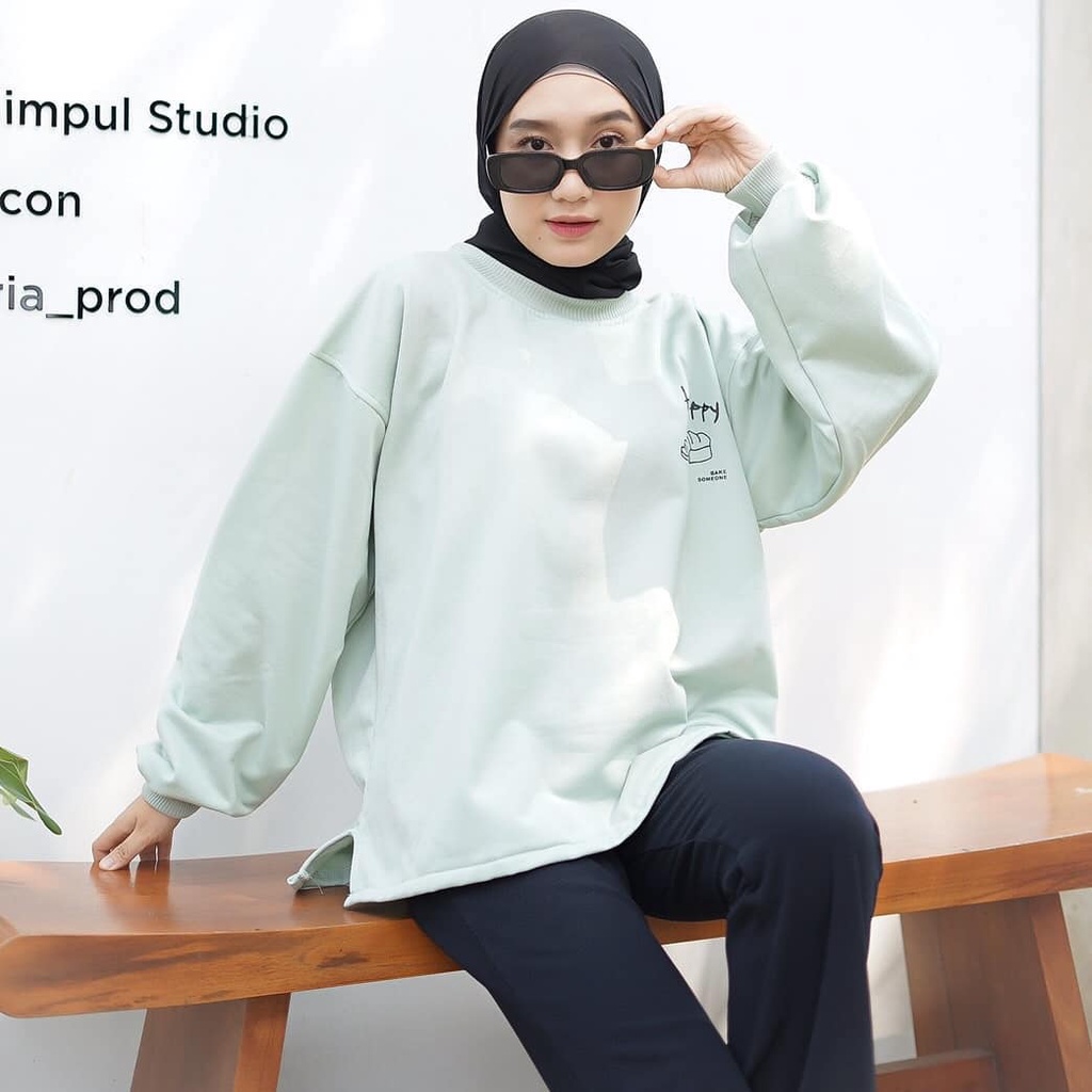 Sweater Happy Bread Cewek Bahan Fleece Tebal Umar Denim