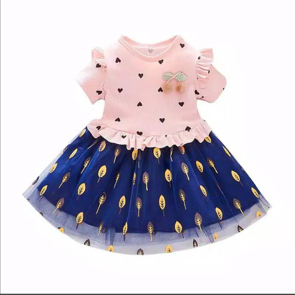 KF Cat Dress tutu anak gaun pesta Dress Tile Anak Imut Motif Love daun bahan Katun Kasa umur 1-2thn Import-8