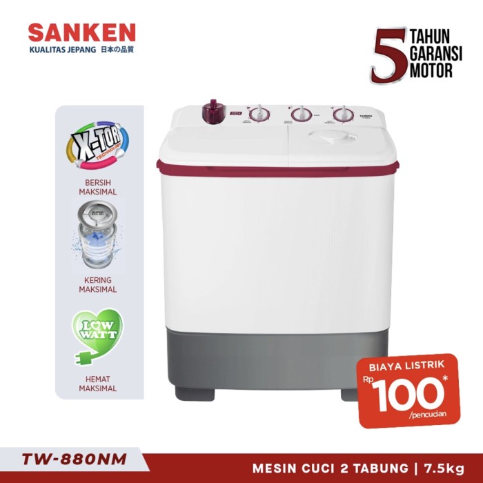 SANKEN Mesin Cuci Twin Tub 8 Kg TW-880NM - Putih Merah ORI