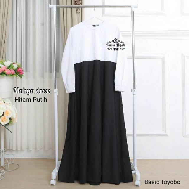 Gamis Busui Mahya Hitam Putih Fania Hijab Katun Toyobo