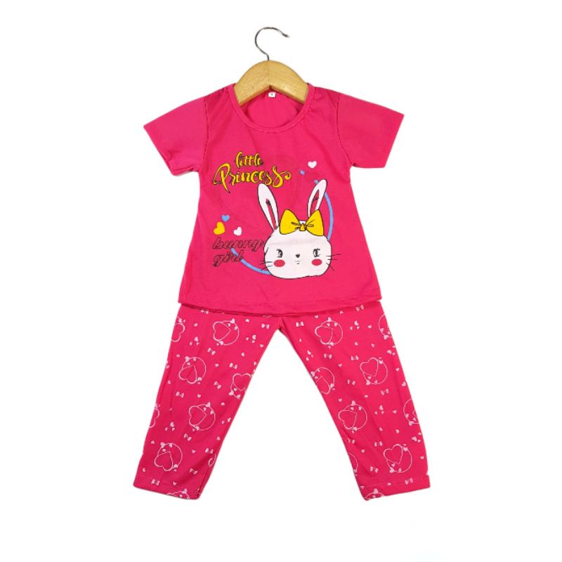 SETELAN SIKUNING PAKAIAN BAJU ANAK PEREMPUAN 2-7 TAHUN MOTIF  LITTLE PRINCES BUNNY GIR LENGAN PENDEK