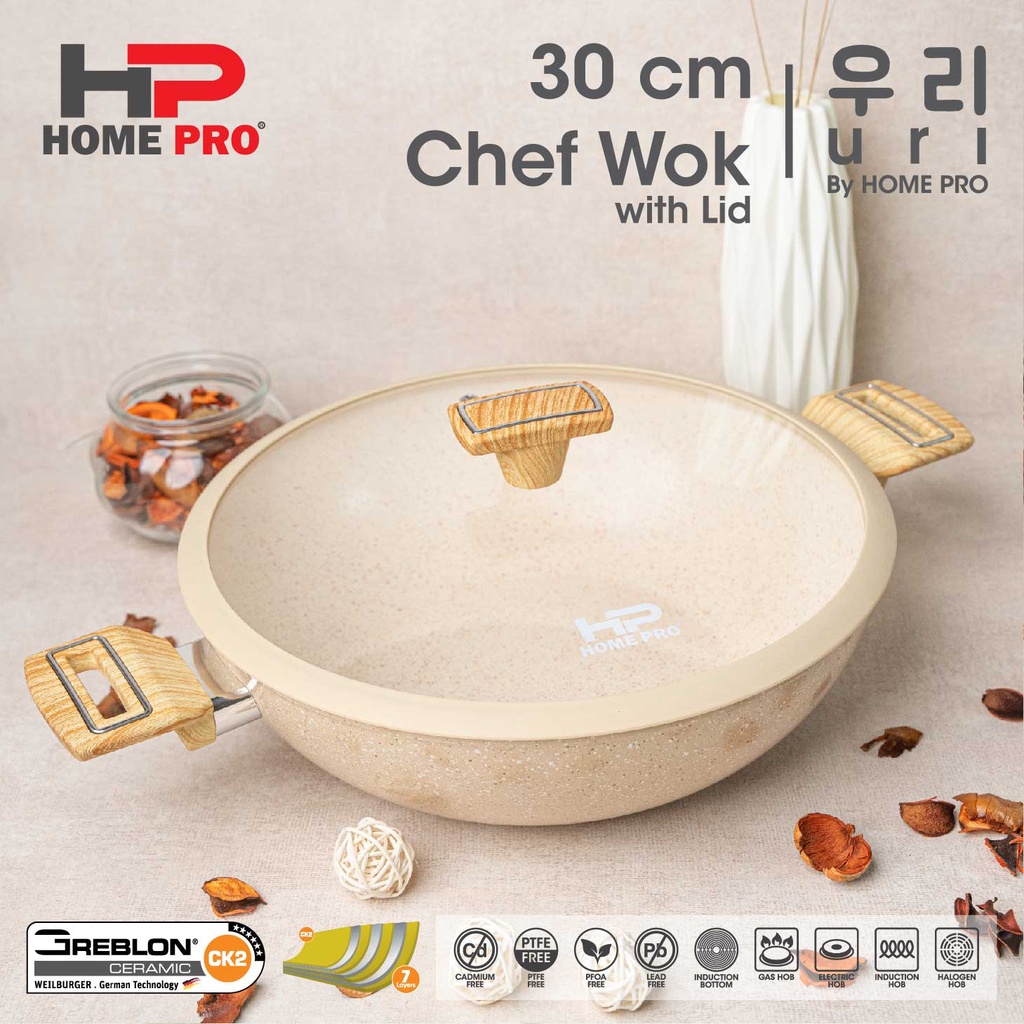 HOME PRO Uri Series Granite Ceramic Chef Wok 30 cm with Lid Wajan Penggorengan Anti Lengket