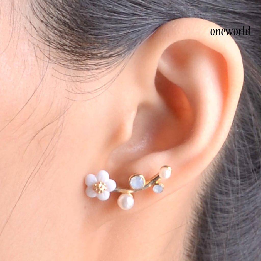 OW@ 1 Pair Women Flower Faux Pearl Rhinestone Earrings Ear Studs Jewelry Gift for Party