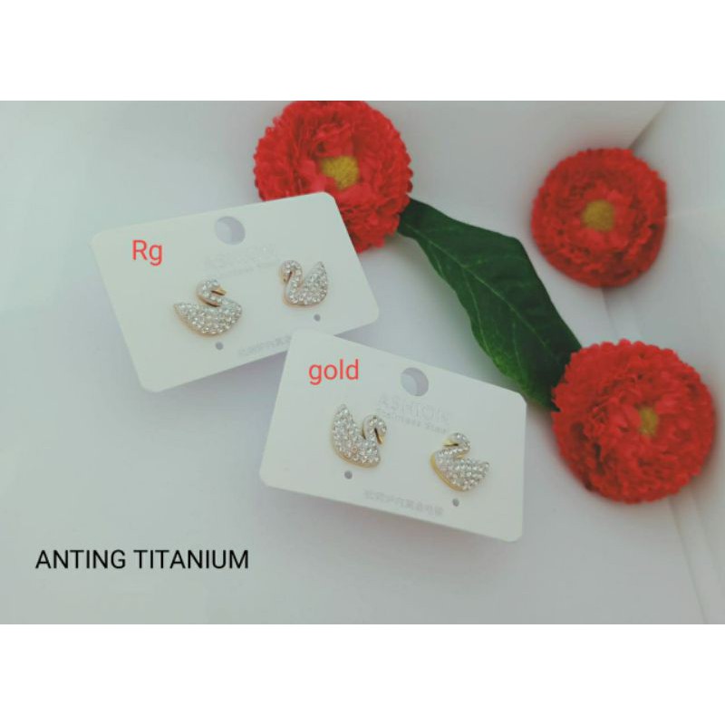 Fourfashion Anting Titanium Tusuk Swarovski Angsa Permata Putih Kekinian S070