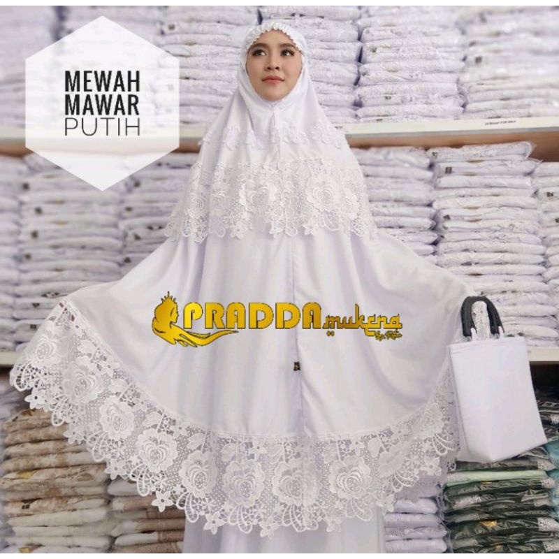 Mukena bordir asli tasik renda prada kipas dada krem dan putih jumbo