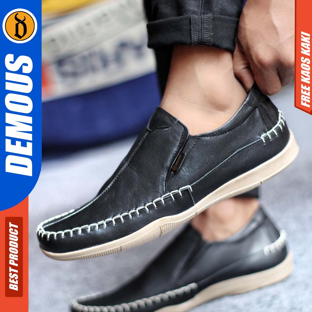 DEMOUS DIVOC Sepatu Casual Slip On Pria Kulit Asli Sepatu Kerja Santai Hitam Slop Murah Kekinian