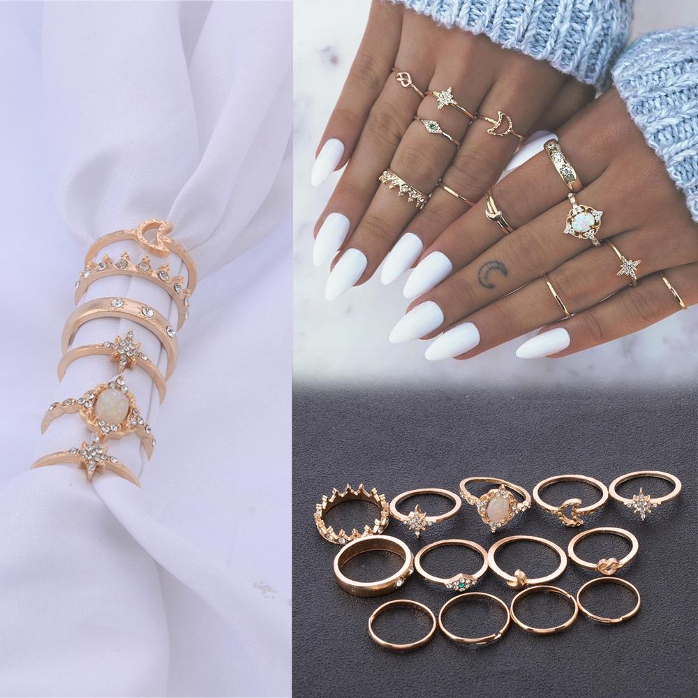 13Pcs / Set Cincin Hias Batu Opal + Berlian Imitasi Elegan