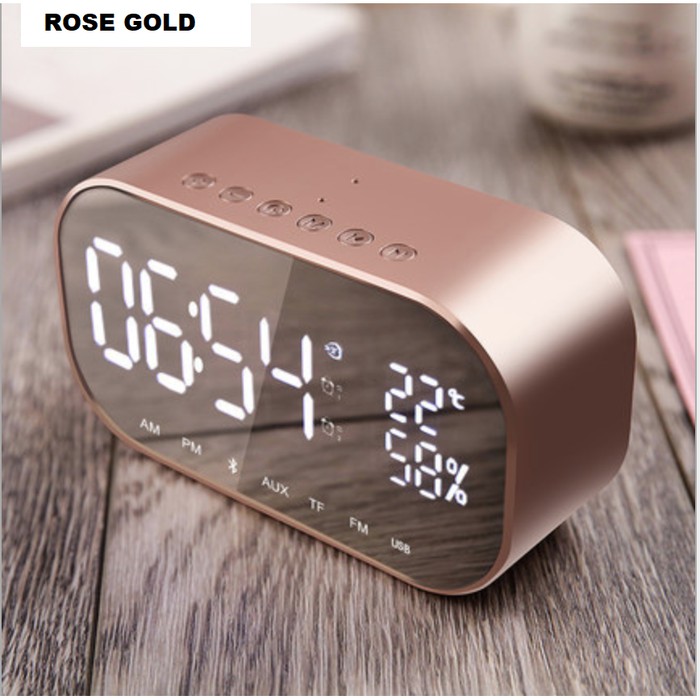 Unik Jam Meja Digital LCD MEWAH MIRROR SCREEN SPEAKER BLUETOOTH RADIO - ROSE GOLD Limited