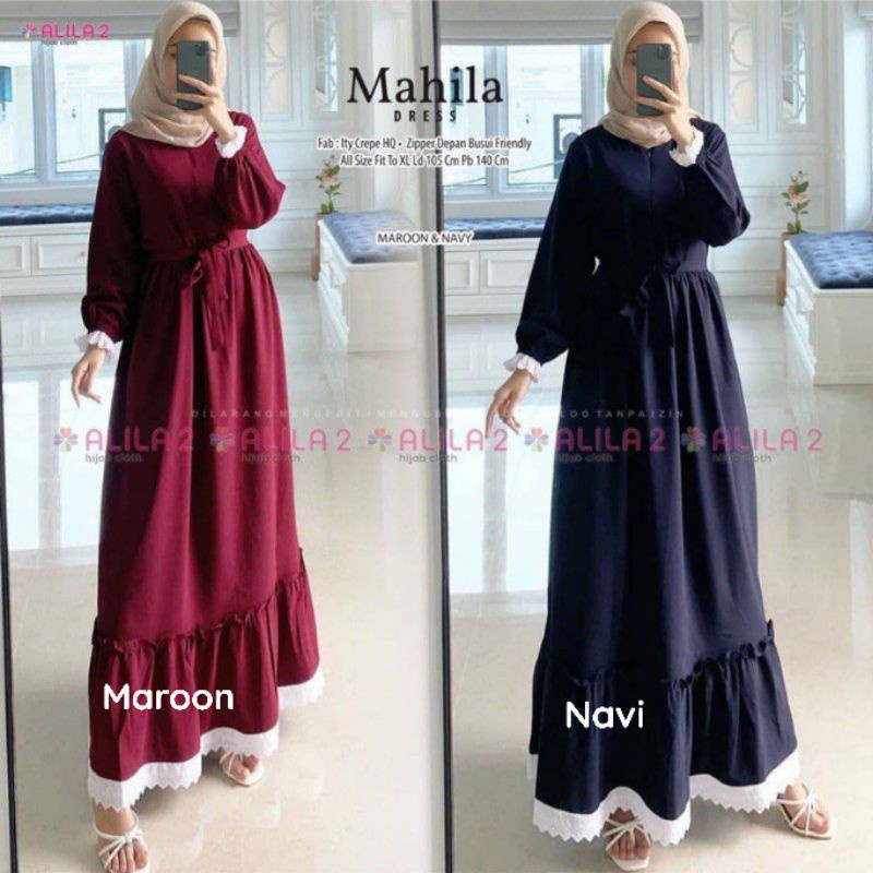 Mahila Dress - LD102 / Gamis Polos ITY Crepe HQ Renda / Busui+Tali Fit / R.7 - 252-6025