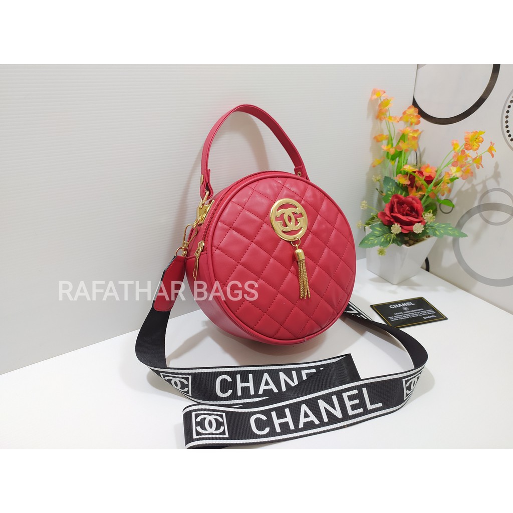 PROMO!!!Tas slempang wanita CHANE.LL bulat Top handle bag bahan bordir halus