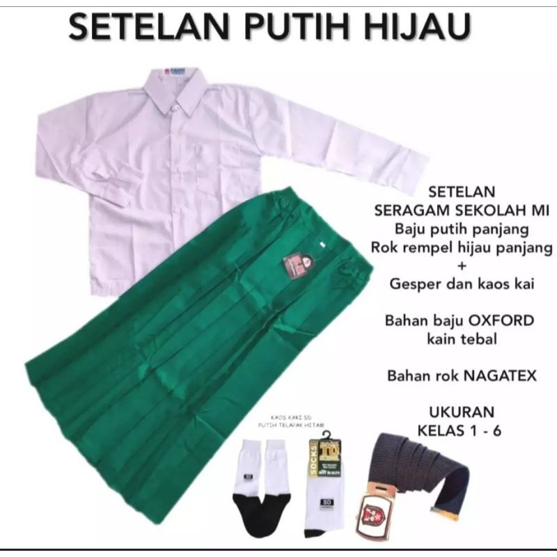 Setelan Seragam Sekolah Mi Putih Hijau Perempuan Sd Lengan Panjang Shopee Indonesia
