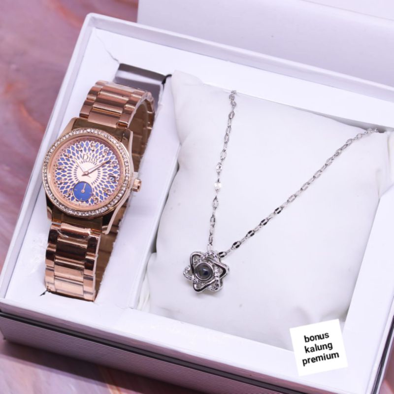 Paket Promo Kalung  Jam Tangan Wanita Fashion Permata Detik Tanggal Aktif DOR101E Plus Kalung Premiu