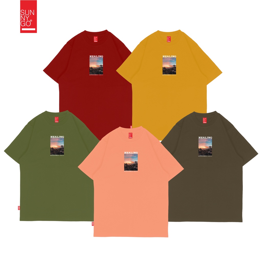 SunnyGo Atasan T shirt Healing In The Beach Kaos Pria Wanita Warna Hitam Marun Burgundy Kuning Musta