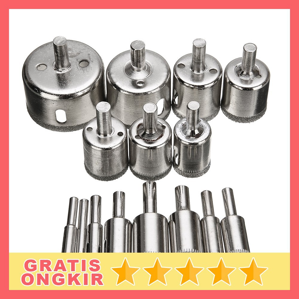 SH8-2 Set isi 16 / 15 / 10 Pcs Mata bor Keramik Kaca Marmer Bulat 1  Lubang Diamond Granit Besi Baja 8mm Sampai 50mm / Set MataBor Kaca Holesaw Hole Saw Keramik Granit Marmer Batu Porselen Permata Hss Pelubang Ceramic Original Asli