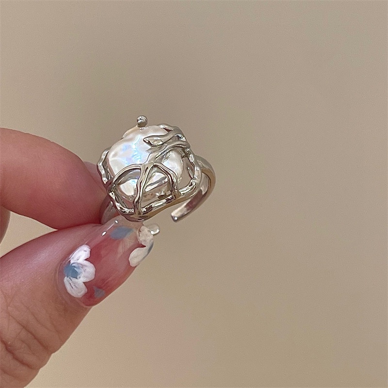 Cincin Wanita Model Terbuka Desain Geometri Asimetris Hias Mutiara Adjustable Untuk Pesta Pernikahan