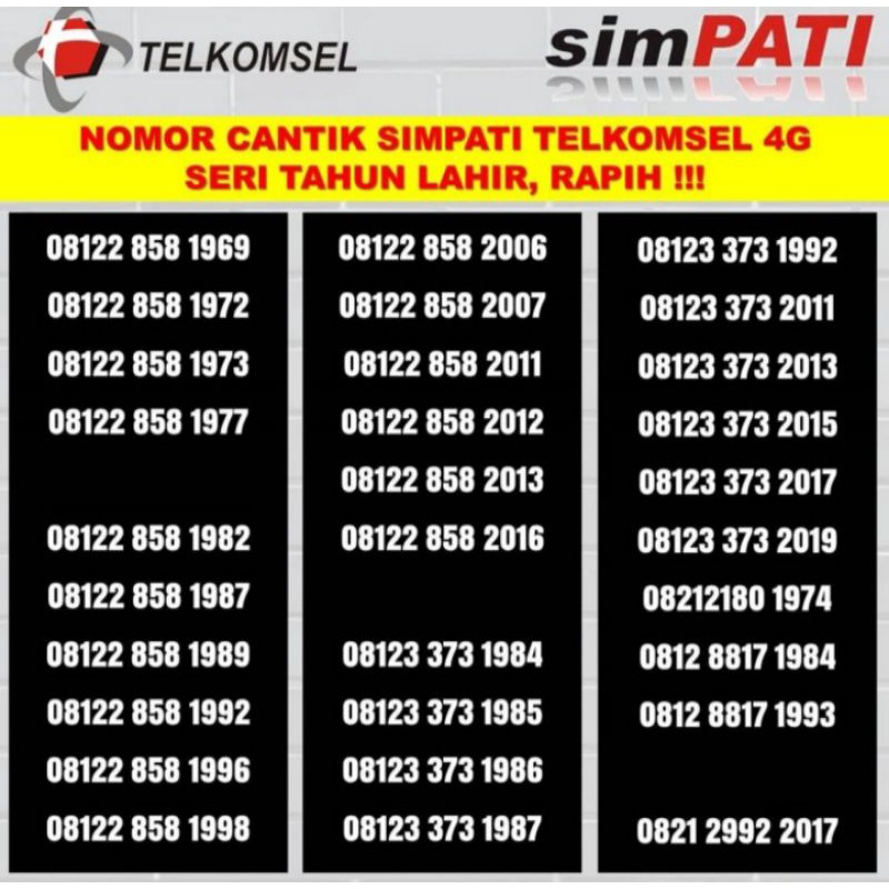 No Cantik Kartu Simpati Telkomsel 4G Seri Tahun Perdana Simpati Tahun 0821/0813 xxxx xxxx