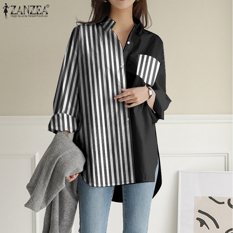 ZANZEA Women Casual Long Sleeve Lapel Loose Striped Patchwork Blouse