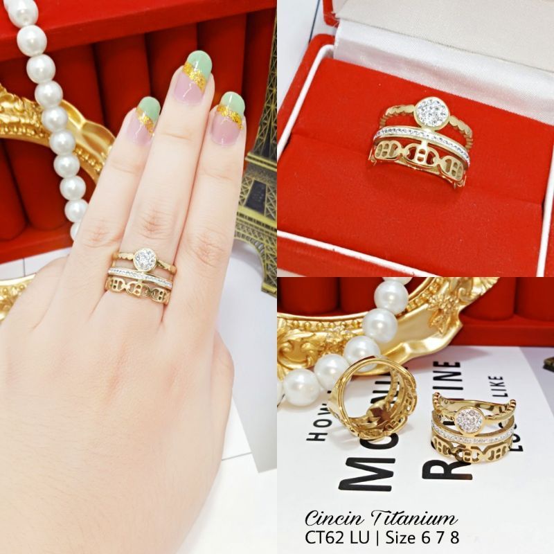 CINCIN TITANIUM SIMPEL 3 LAYER3 GARIS3 TUMPUK - CINCIN WANITA TITANIUM DEWASA - CINCIN EMAS ANTI KAR