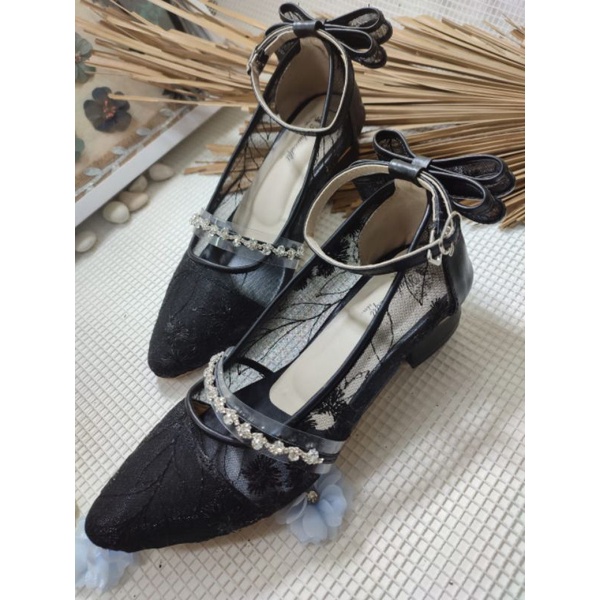 sepatu vilea rafaizoutfit wanita hitam tali pita 3cm tahu