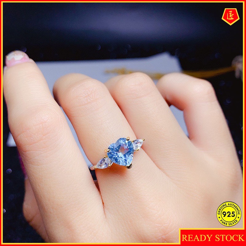 Cincin Batu Permata Topaz Biru Langit Bentuk Hati Model Terbuka