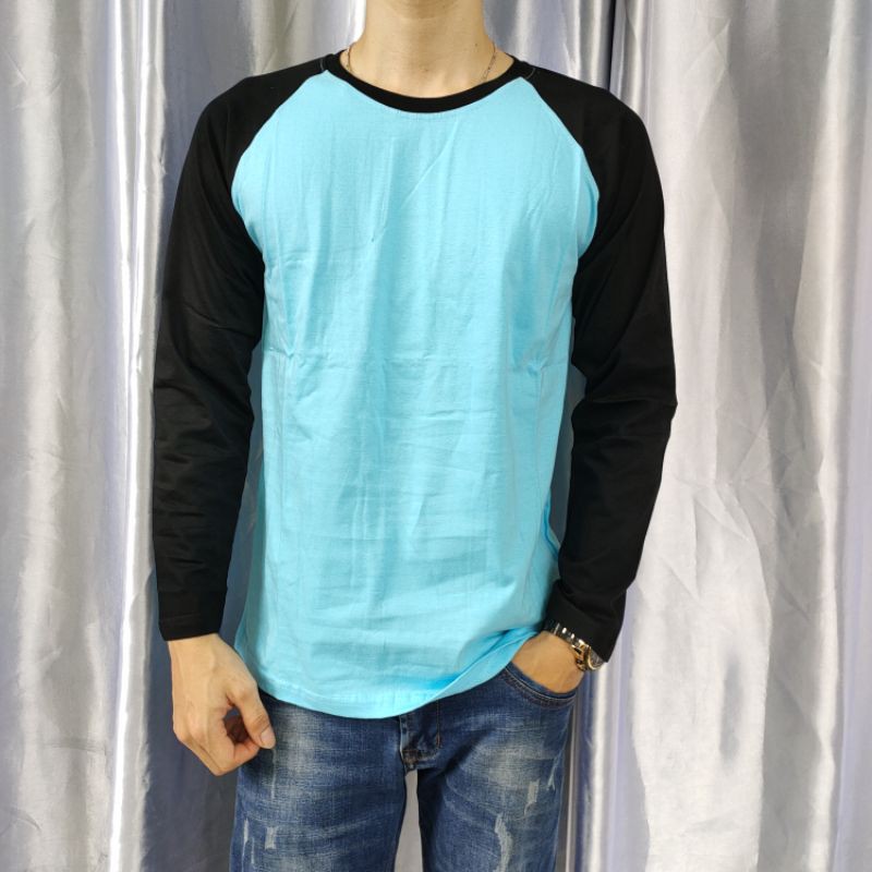 kaos reglan polos panjang SKYBLUE-HITAM dewasa uk M L XL XXL